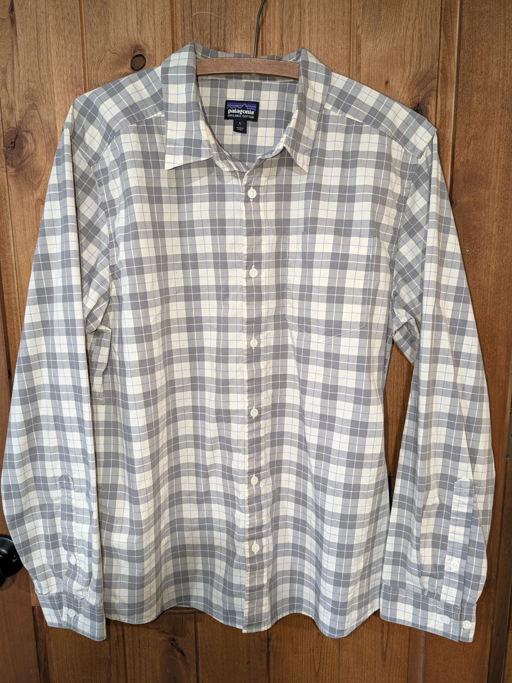 Patagonia Men's Light Gray and White Plaid Button-Down Shirt